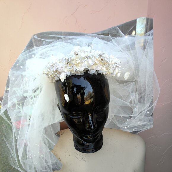 Handmade White Floral Bridal Veil With Pearl Embellishments Lace Crown & Tulle L main image 7